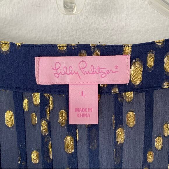 Lilly Pulitzer Silk Colby Navy Bubble Gold Dot blouse size large - Picture 8 of 8